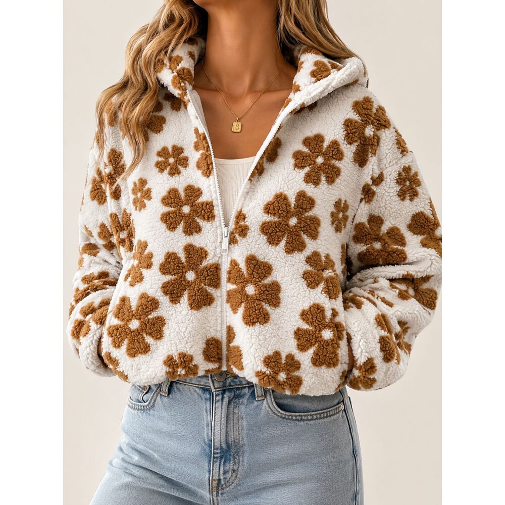 Wild Rose Floral Sherpa Hoodie Jacket Medium Brown White Daisy Zip Up Cozy
